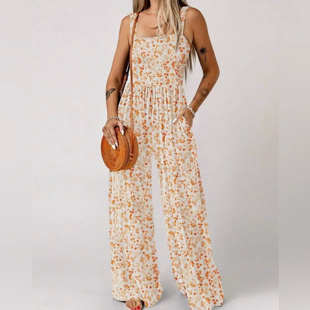 Boho Floral Print Wide Leg Palazzo Pants Jumpsuit - Picture 5 of 5